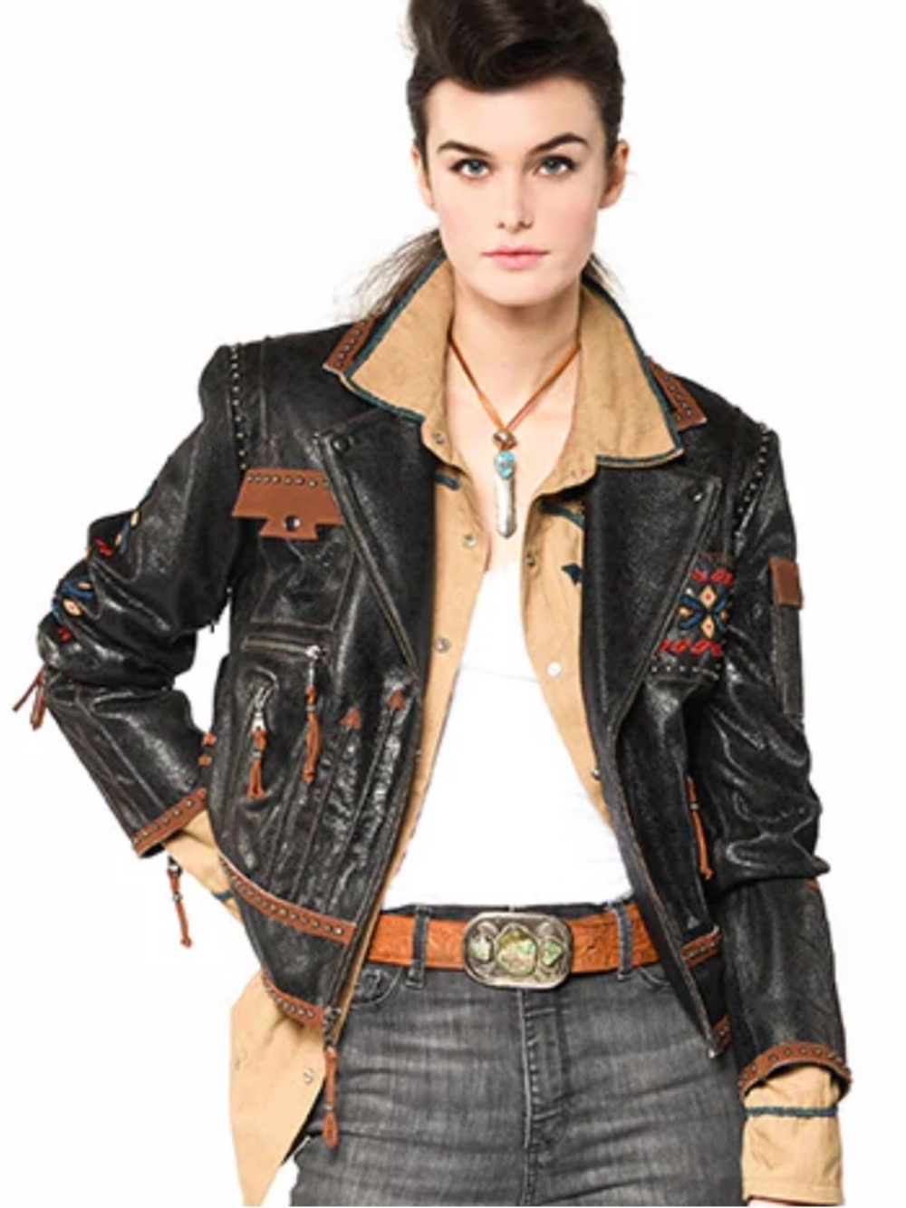 Double D Ranch leather Buffalo Chase Jacket studs beaded buffalo horse cowboy - Picture 2 of 16